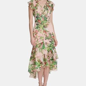 Tommy Hilfiger Tropical  Floral Chiffon High-Low V-Neck Maxi Dress Sz 14 Y2K